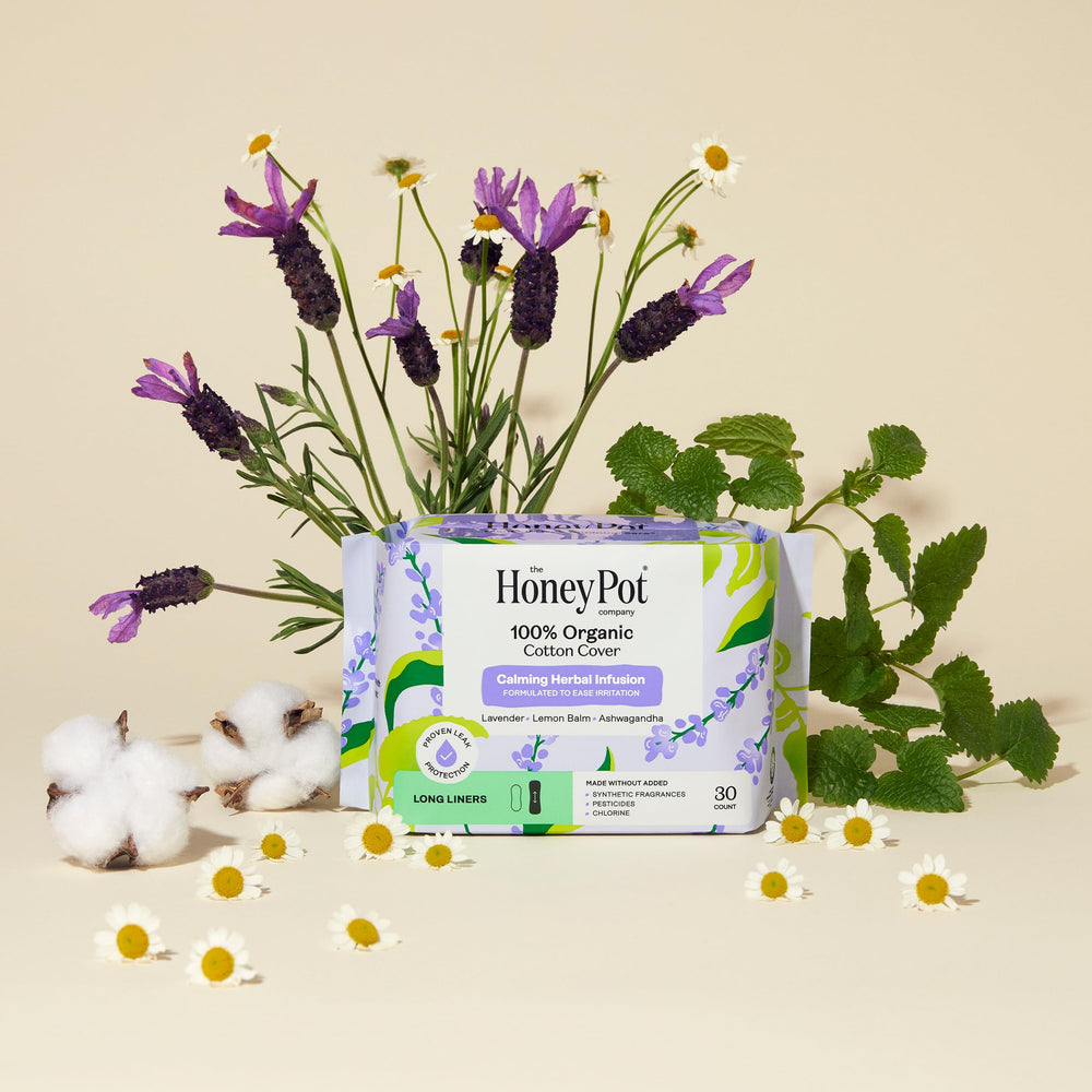 The Honey Pot Calm Liners safe for sensitive skin label closeup.
