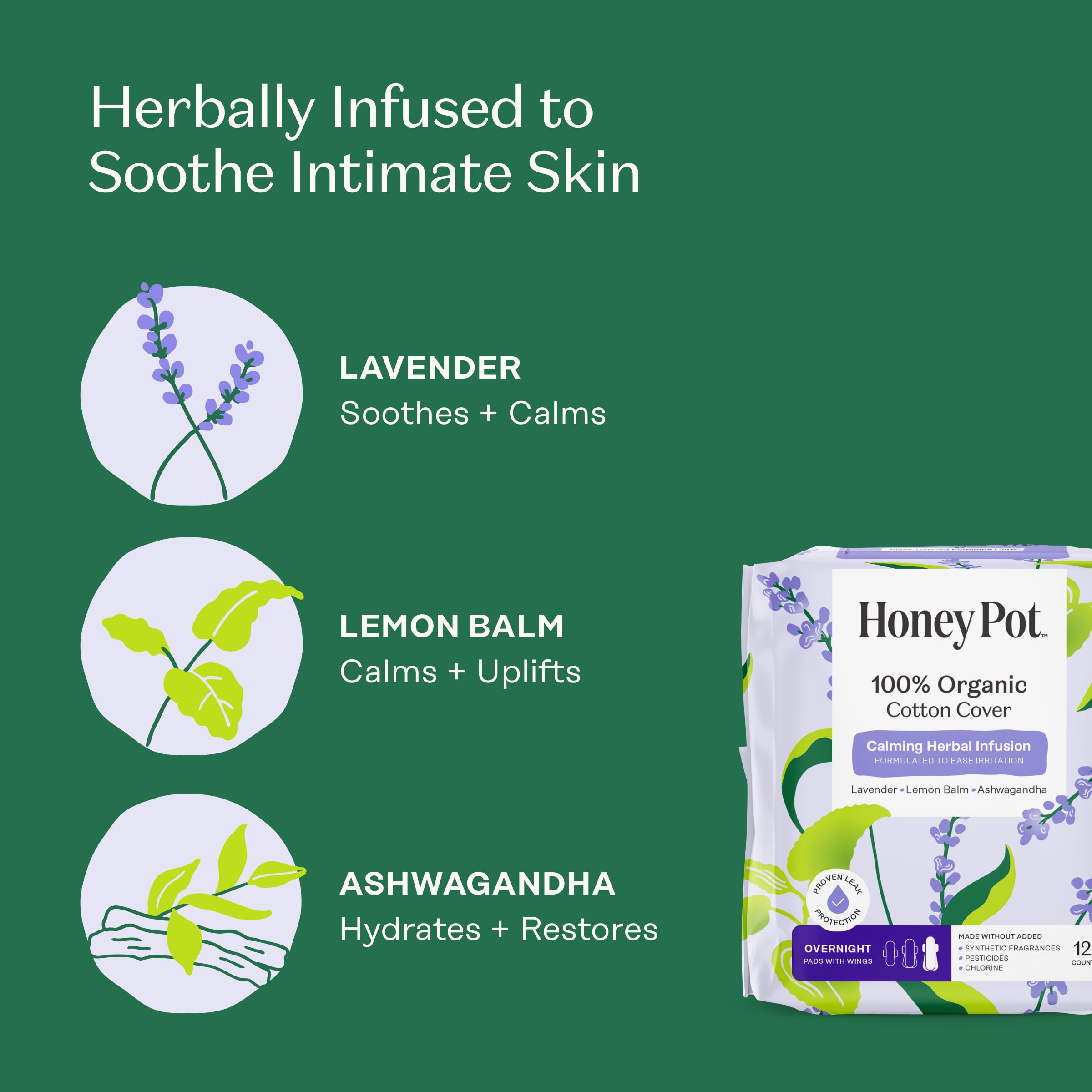 The Honey Pot calming herbal infusion pad highlights a soothing herbal note