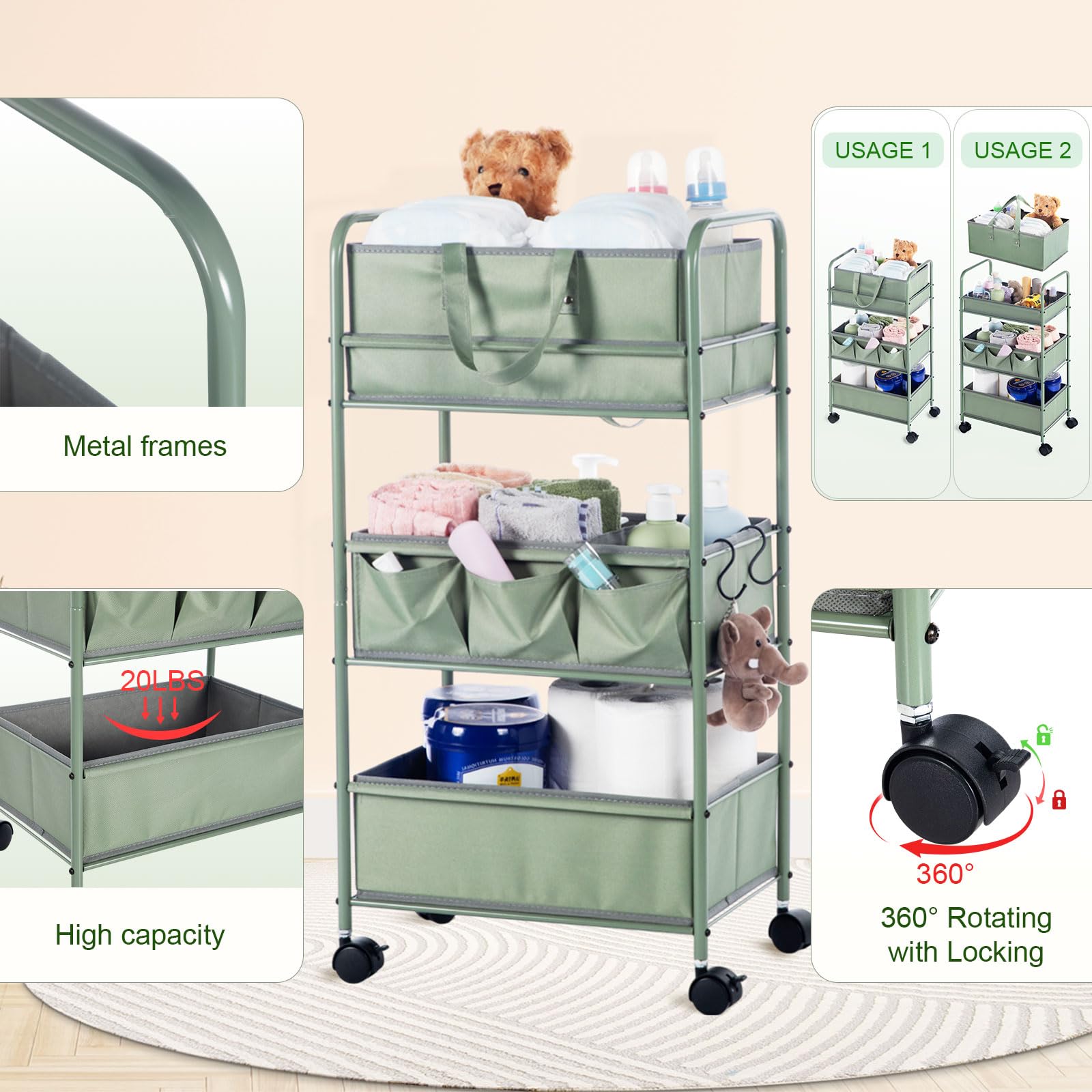 Honeydak 2in1 diaper caddy wheels rolling for easy room-to-room movement