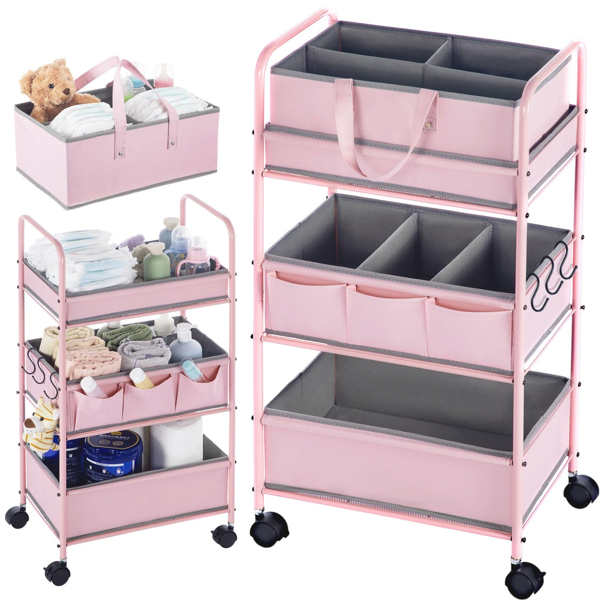Honeydak 2in1 diaper caddy with pink 3-tier design for nursery organization.