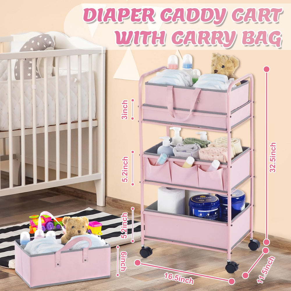 Honeydak diaper caddy on wheels enables easy room-to-room movement.