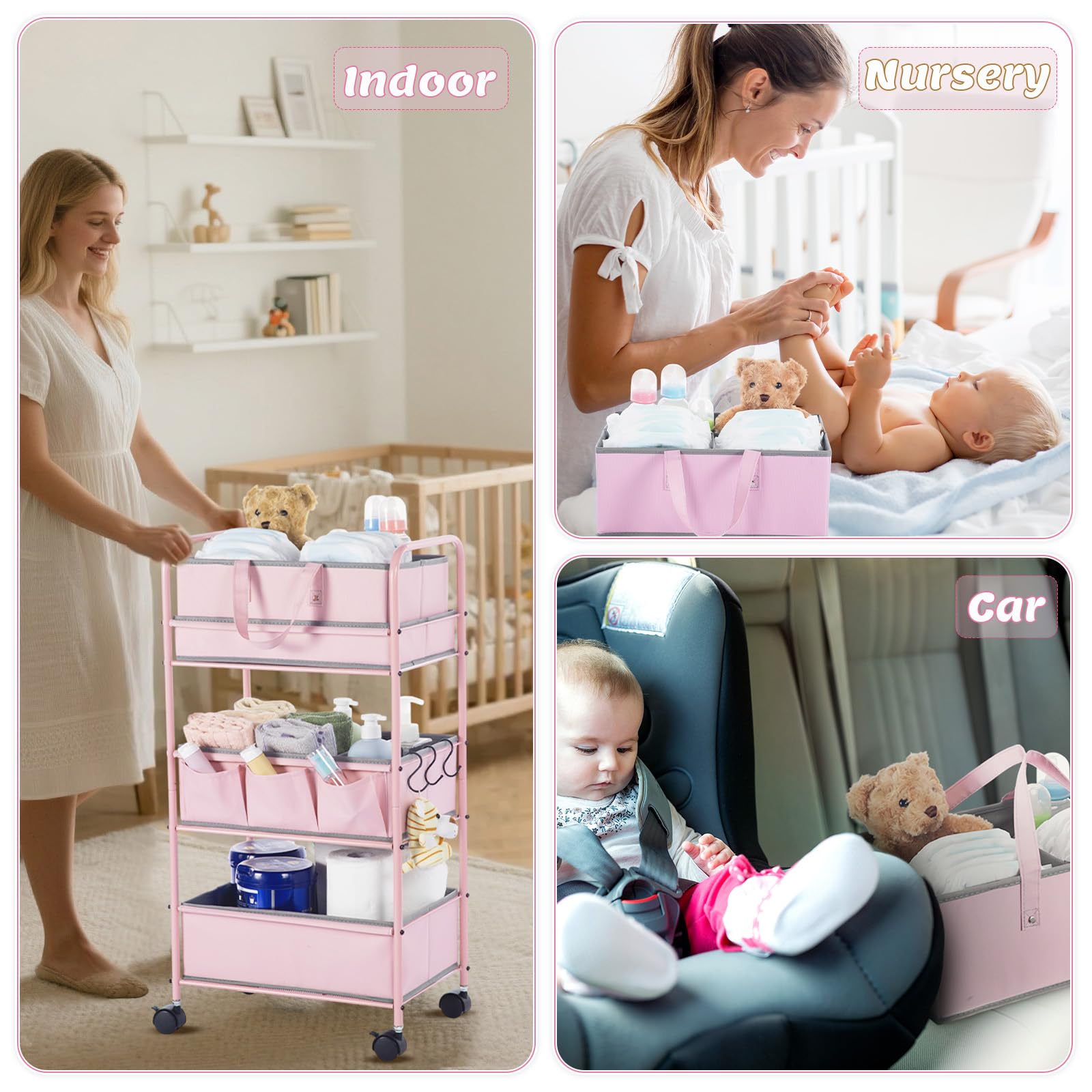 Honeydak pink top basket for grab-and-go diaper changes.