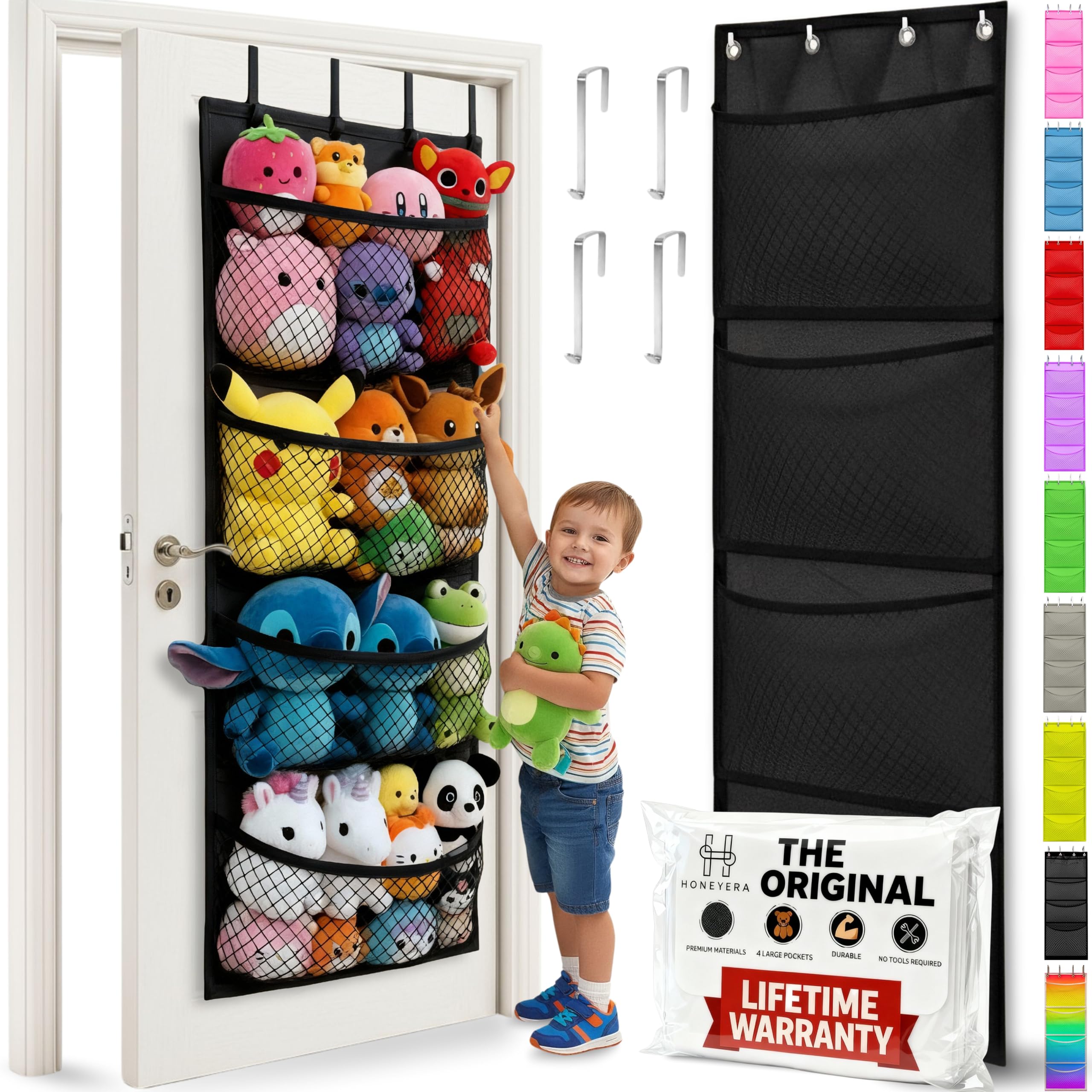 Honeyera over-door storage with hooks keeps plush toys accessible.