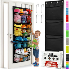 Honeyera over-door storage with hooks keeps plush toys accessible.
