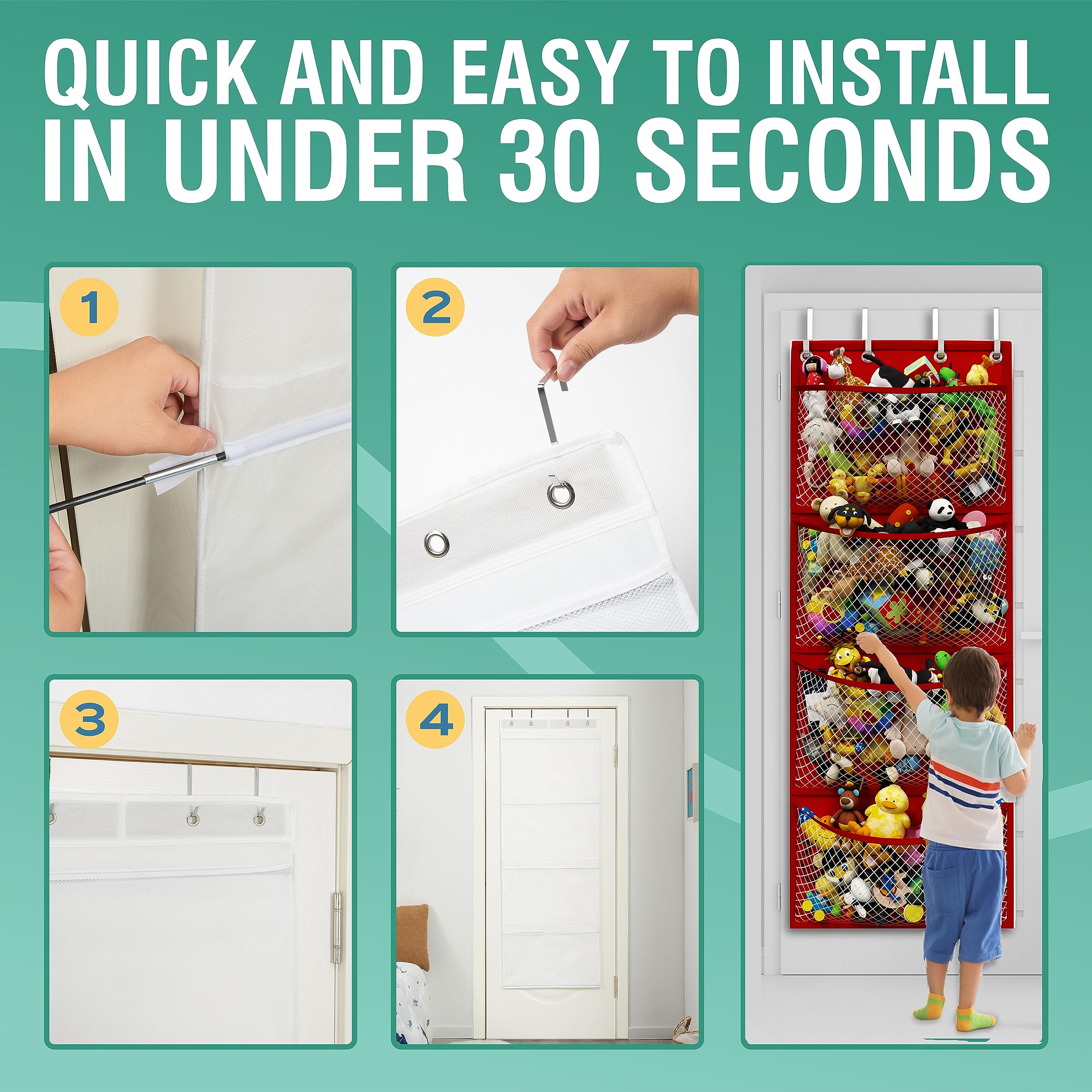 Honeyera over door storage with four sturdy metal hooks for quick toy hanging