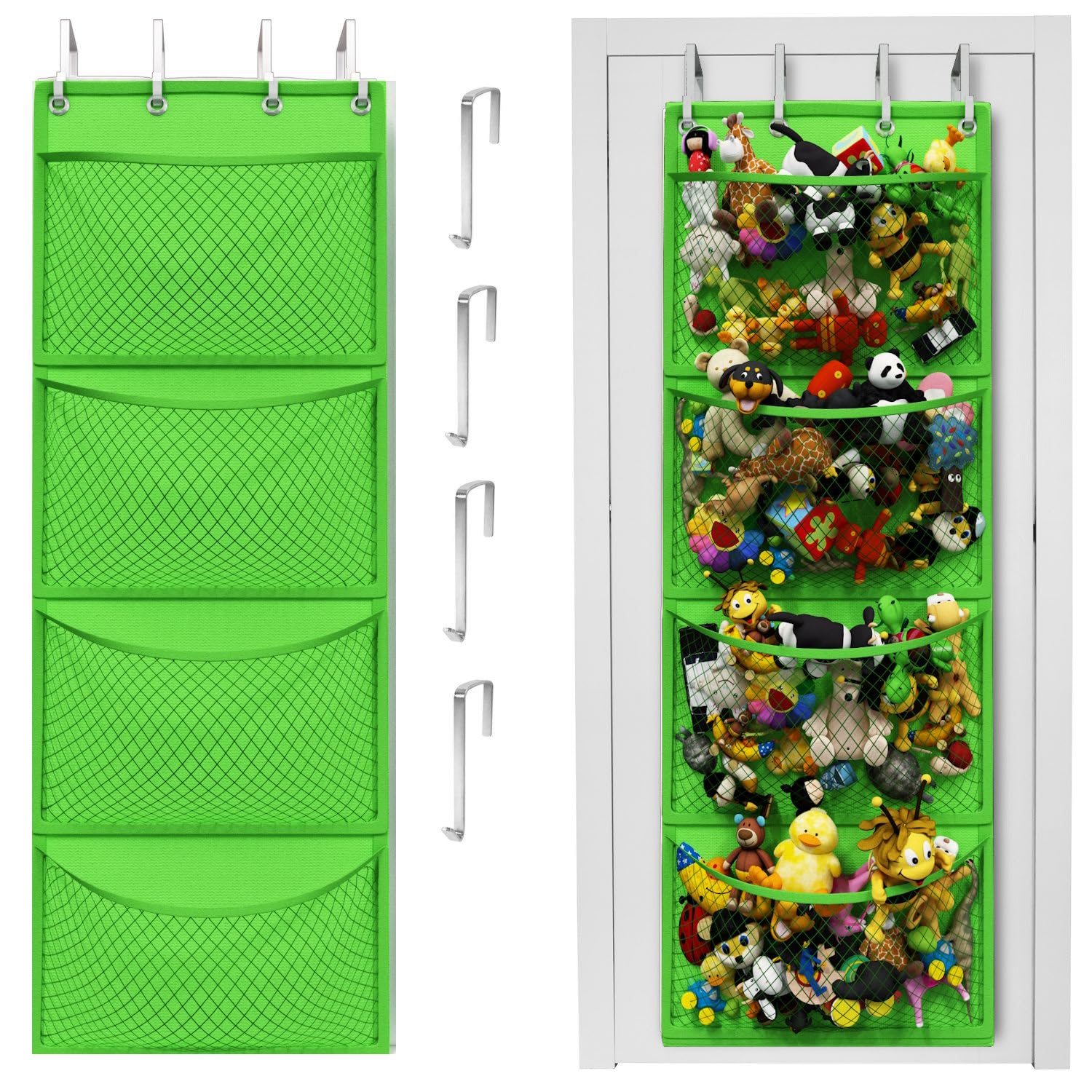 Honeyera over-door storage keeps stuffed animals neatly organized and reachable.