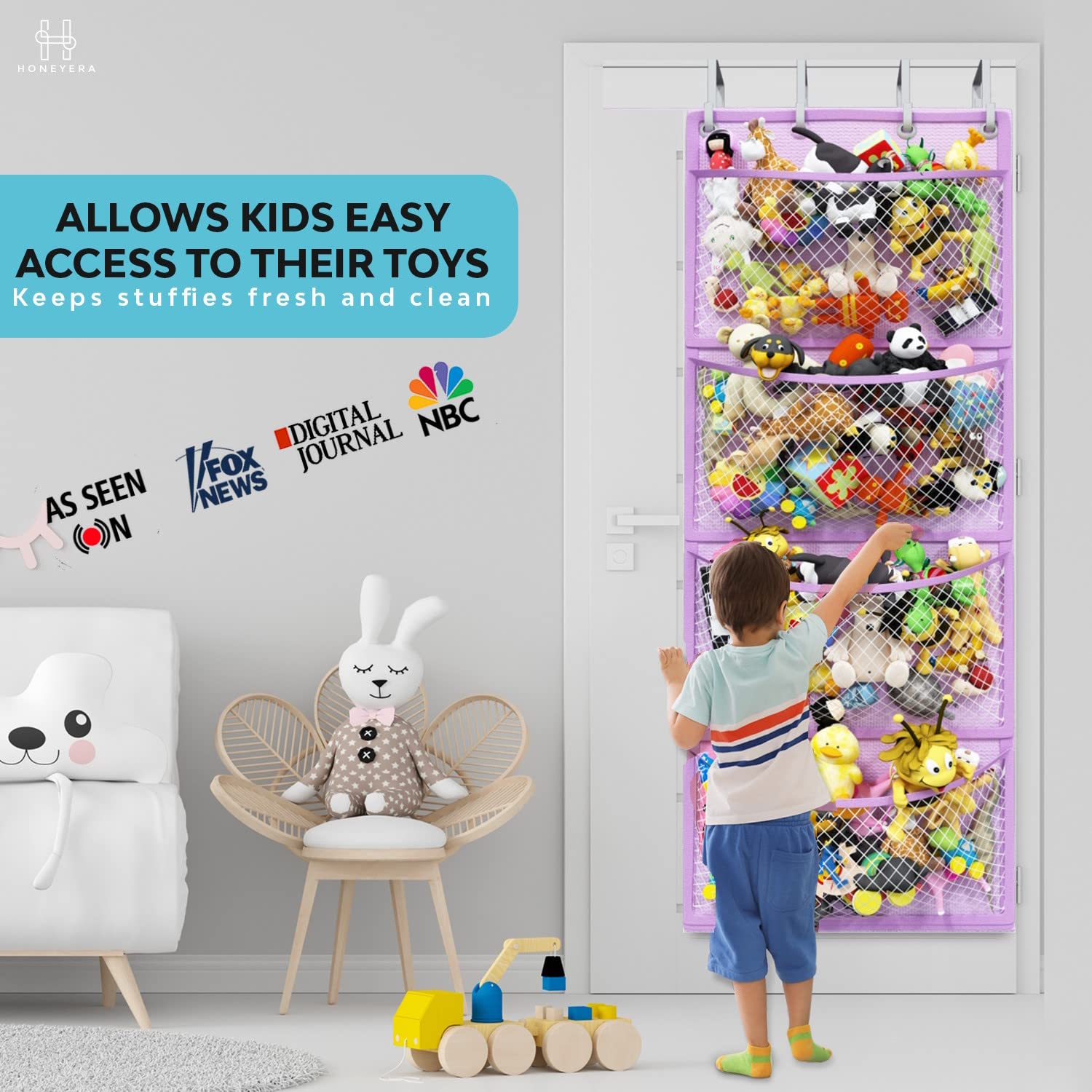 Honeyera Plush Storage over-door organizer with four hooks for quick toy access.