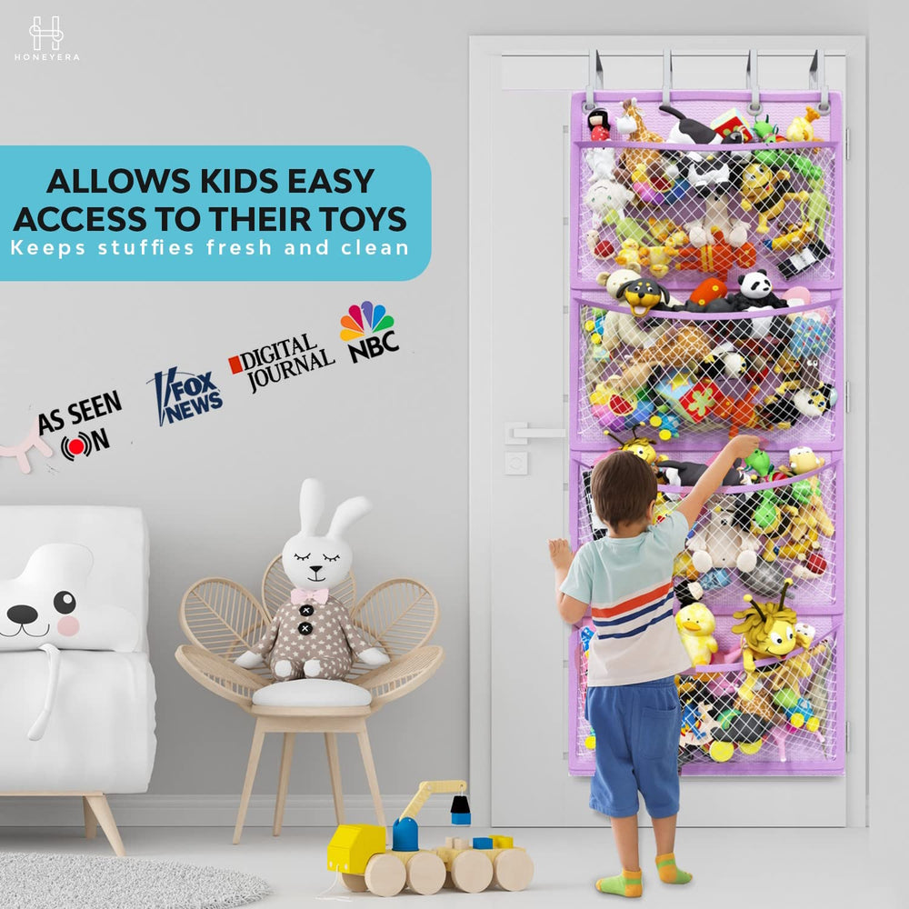 Honeyera Plush Storage over-door organizer with four hooks for quick toy access.