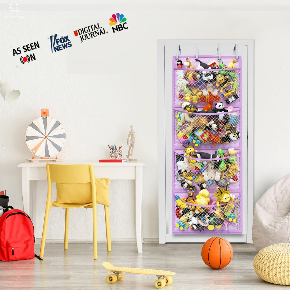Honeyera Plush Storage on door stores toys with breathable mesh pockets.