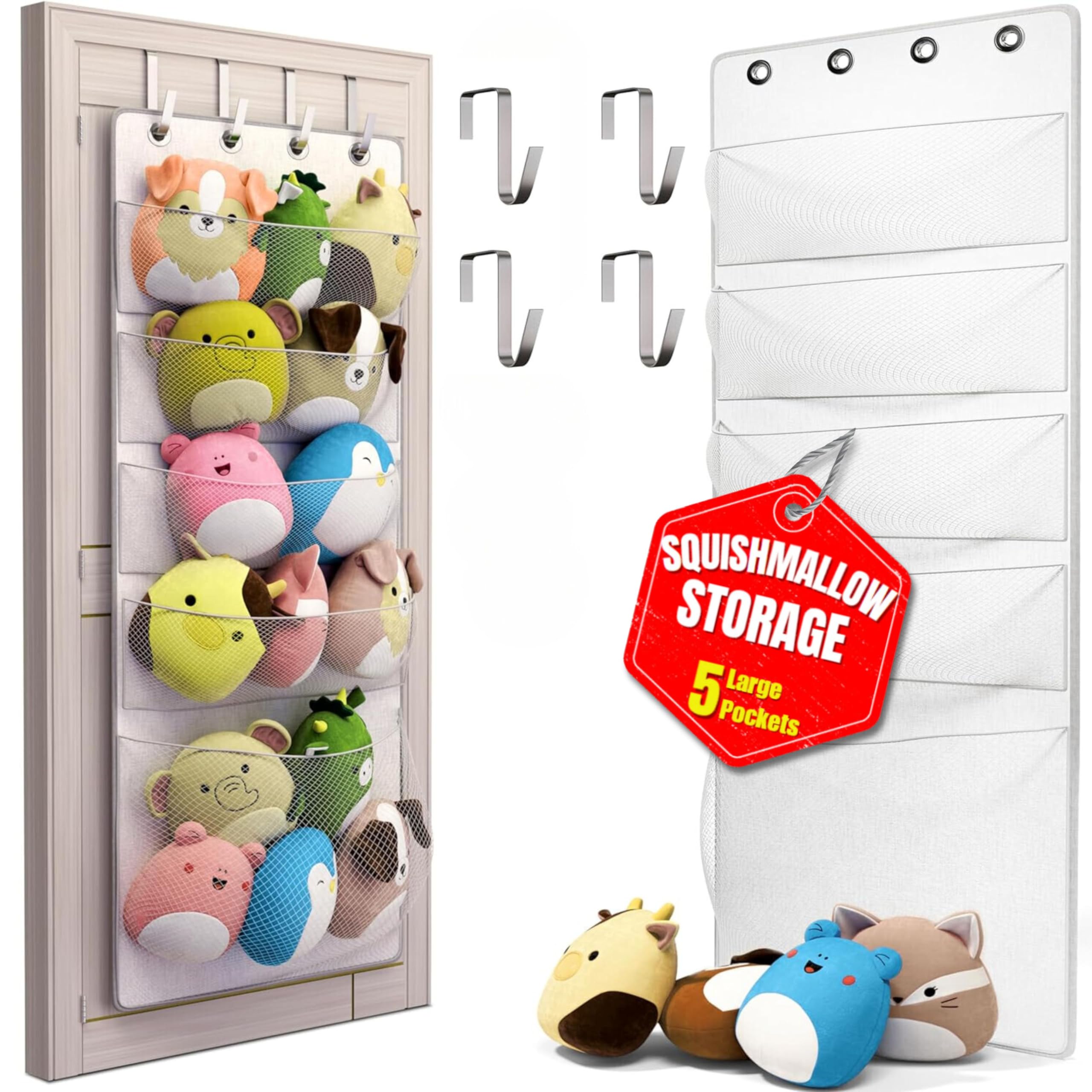Honeyera Squishmallow Holder over-door setup keeps plushes organized and within easy reach.