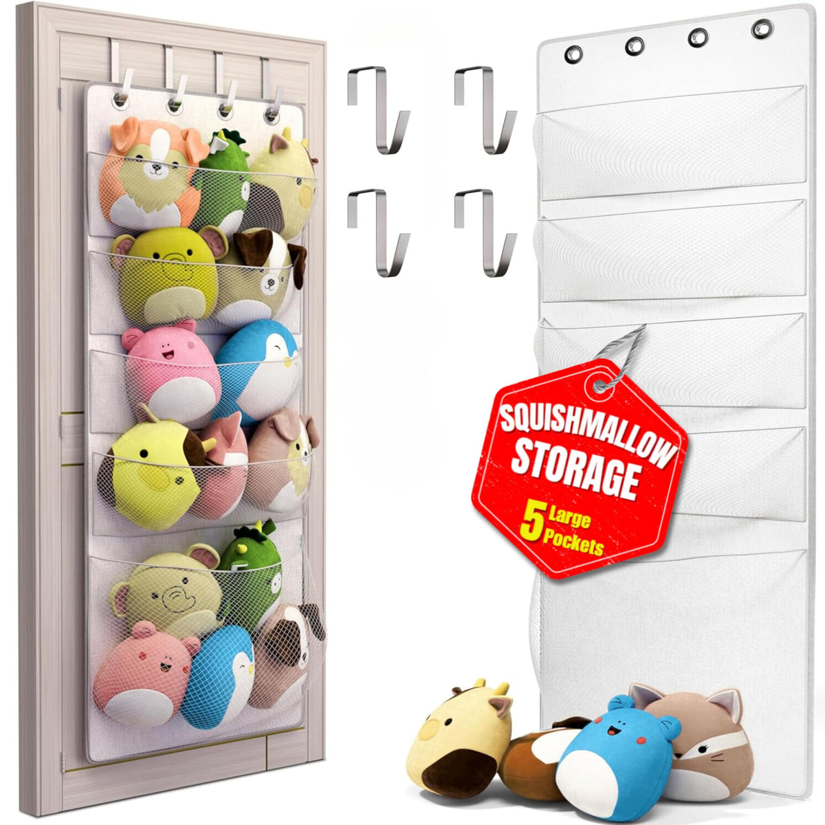 Honeyera Squishmallow Holder over-door setup keeps plushes organized and within easy reach.