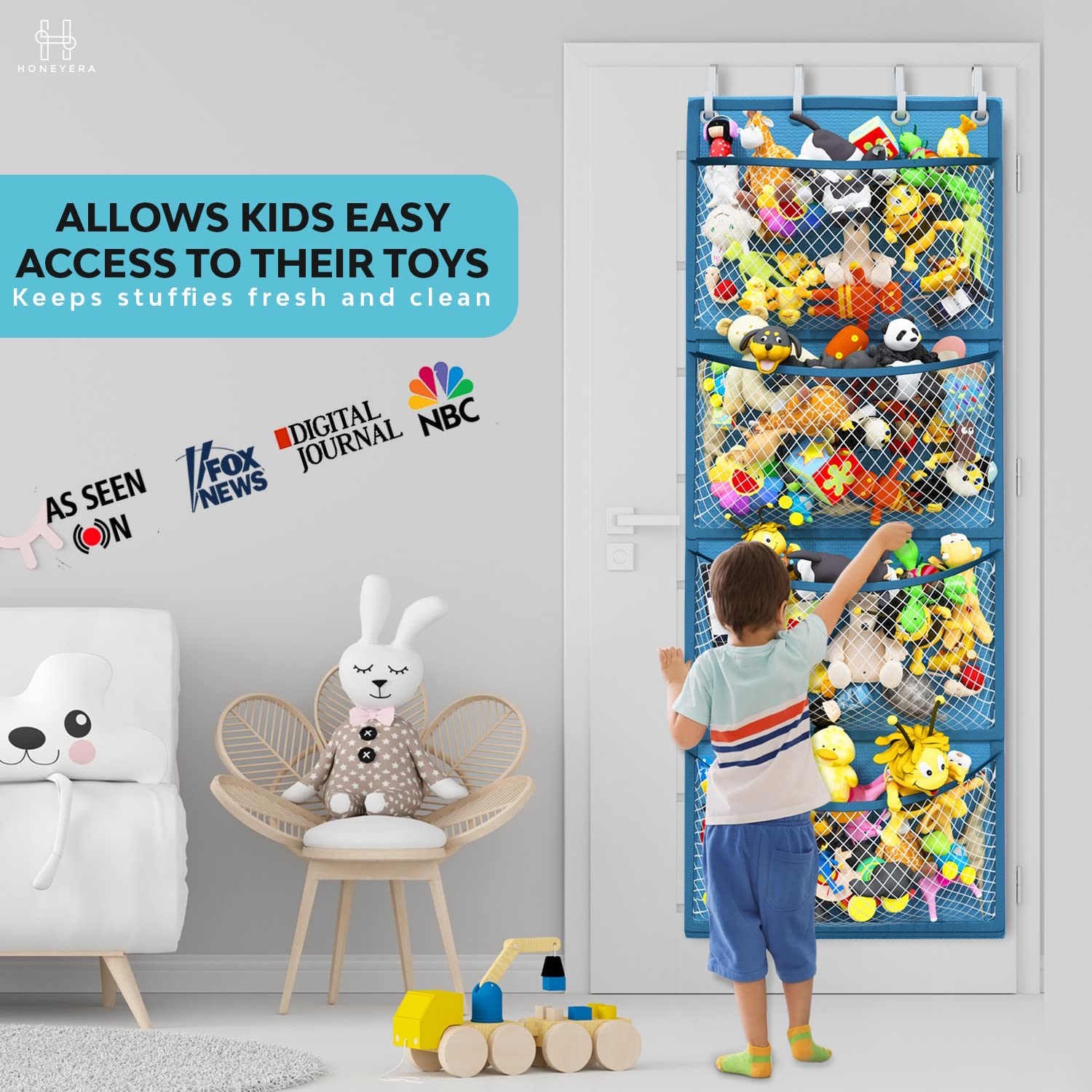 Honeyera stuffed animal mesh pockets provide breathable storage for toys