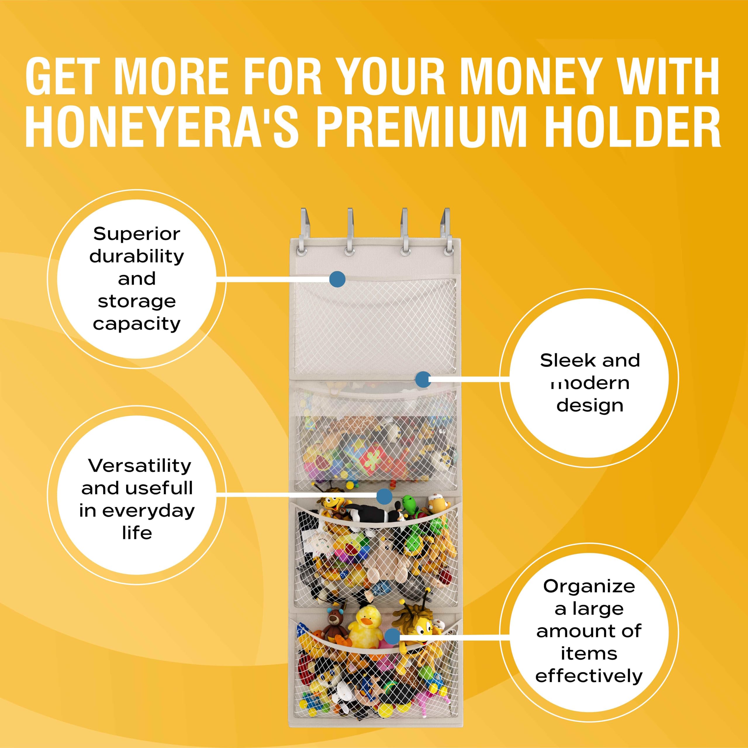 Honeyera storage with breathable mesh pockets keeps stuffies fresh