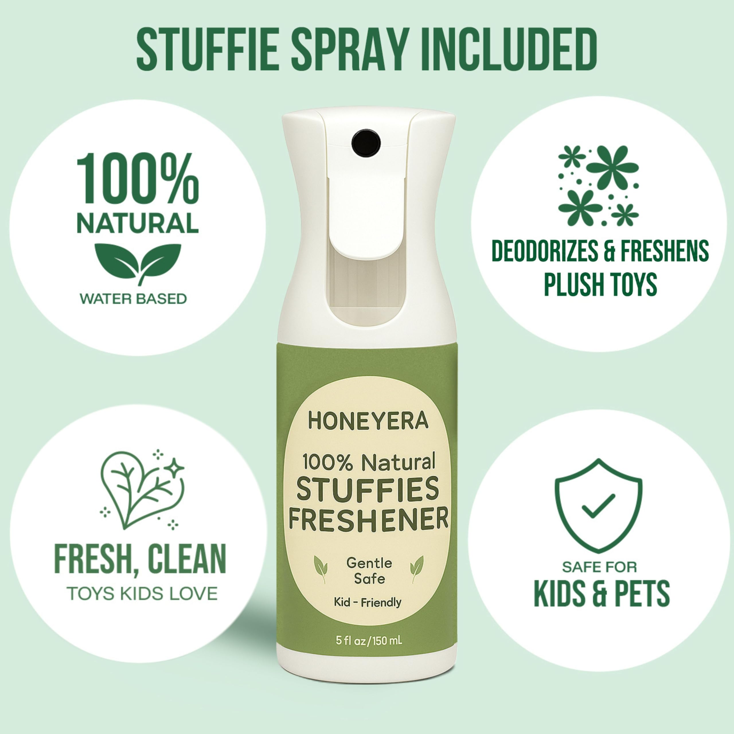 Honeyera Stuffies Freshener spray bottle included for gentle, kid-safe scent refresh.