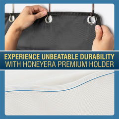 Honeyera sturdy metal hooks secure the over-door storage unit.