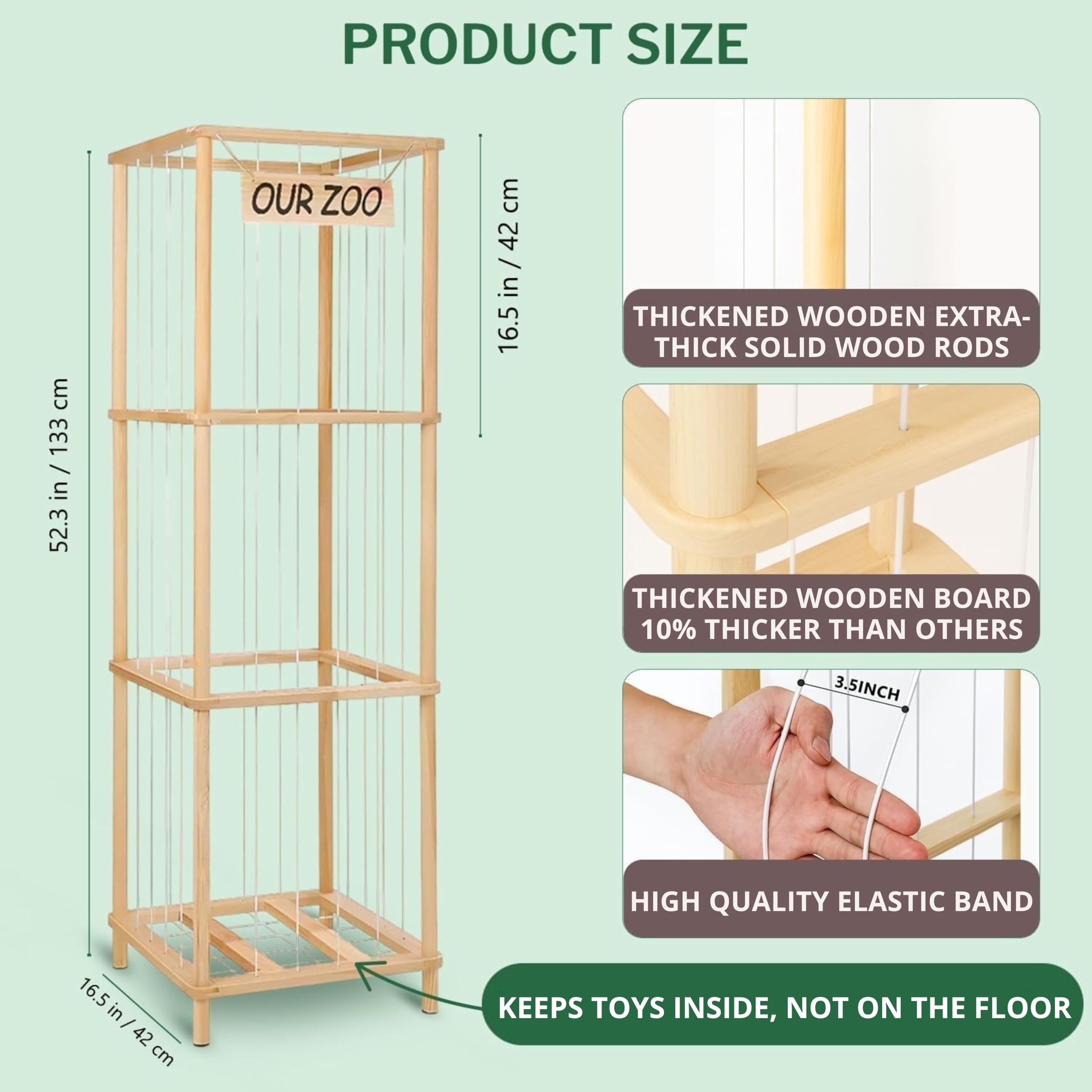 Honeyera wooden zoo toy holder in birch finish supports large plush toys securely.