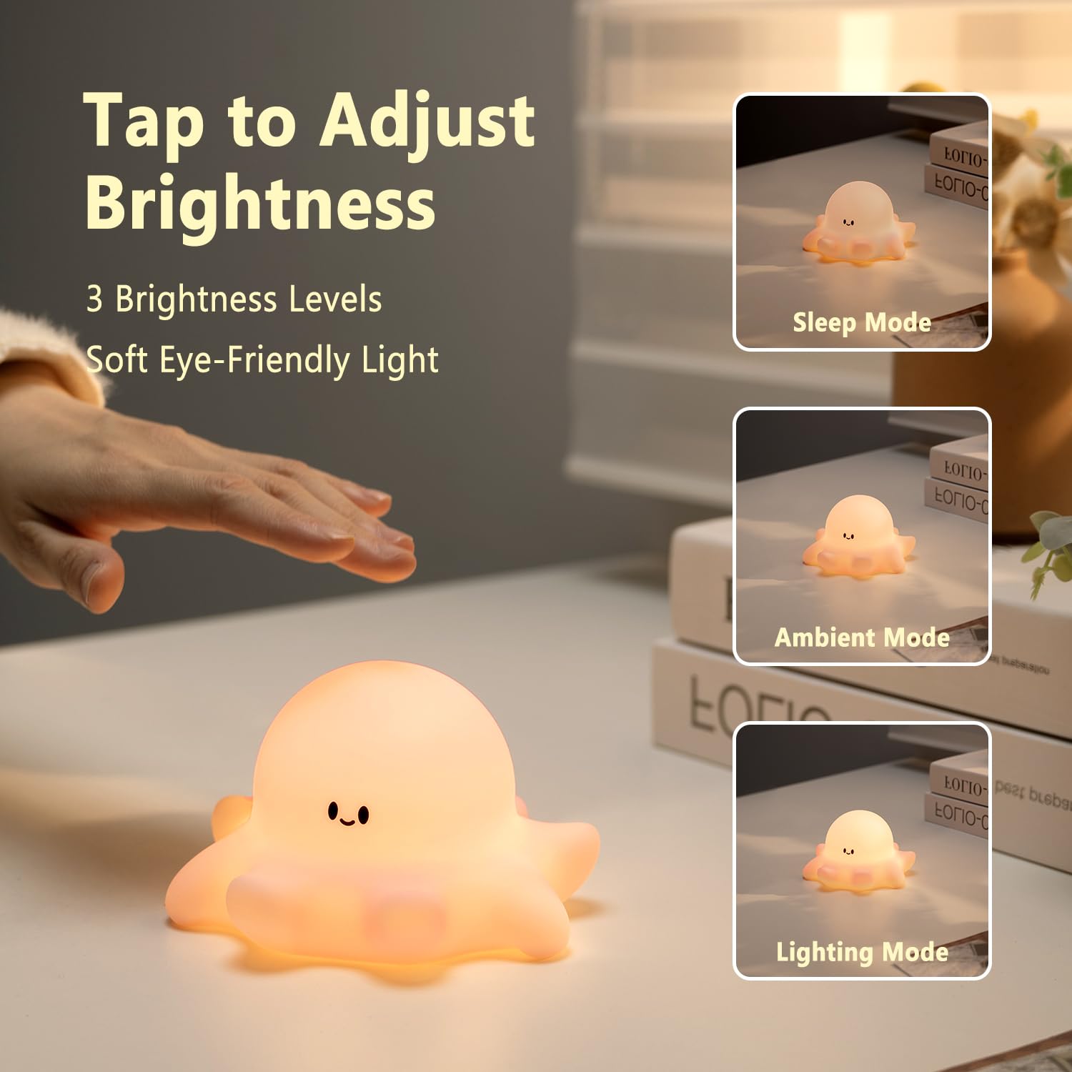 Hongjieyuan octopus pink night light, side view, adjustable brightness for kid-friendly lighting.