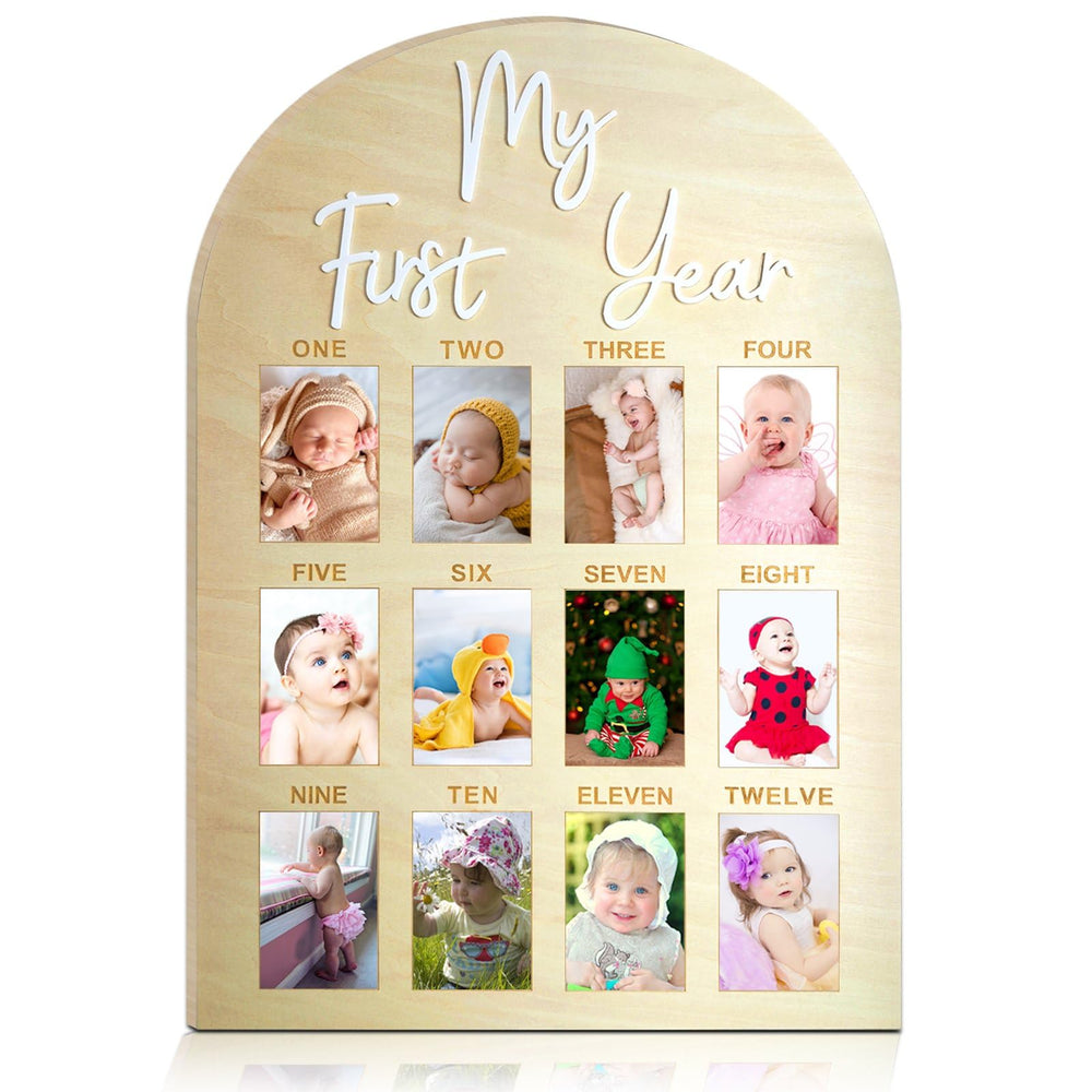 Hongpar one-year birthday wooden photo board displaying twelve monthly photos