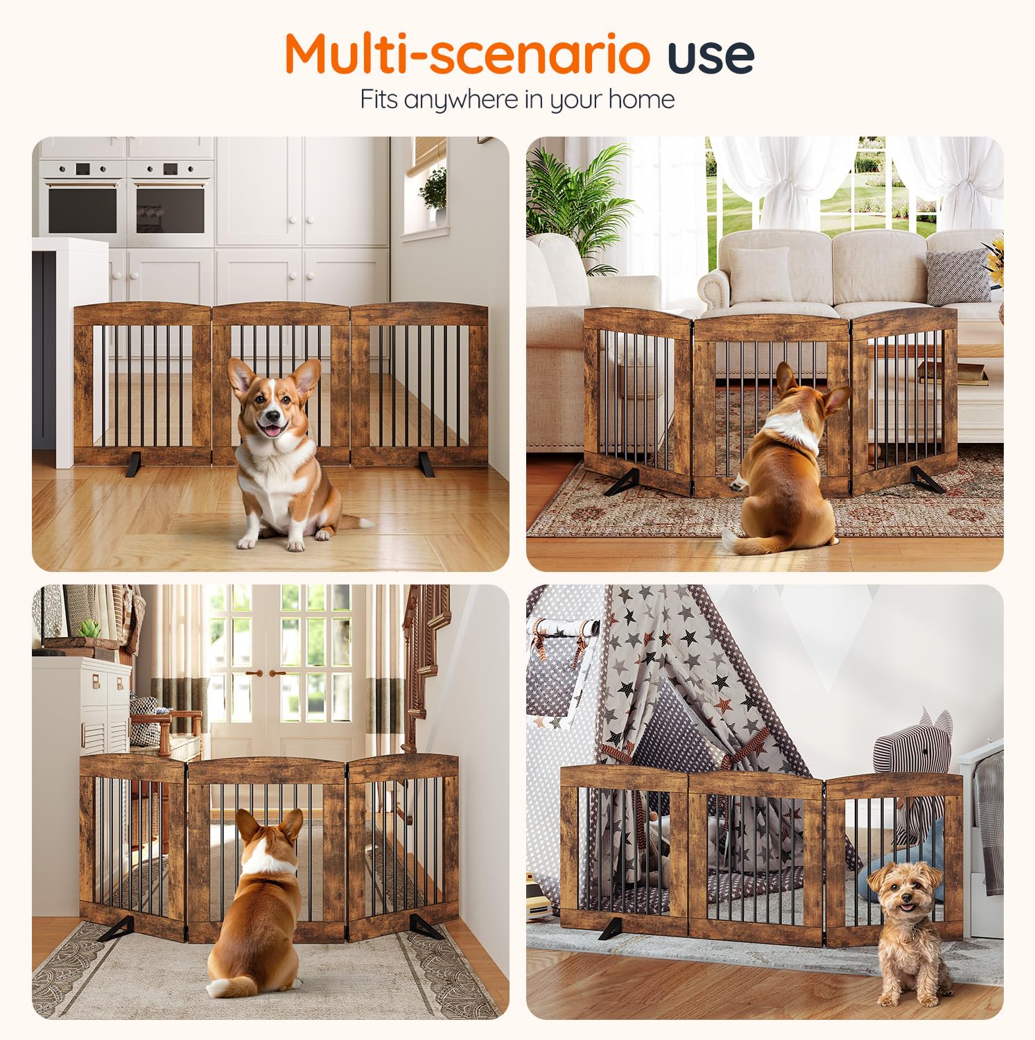 HOOBRO folding dog gate stores compactly under furniture