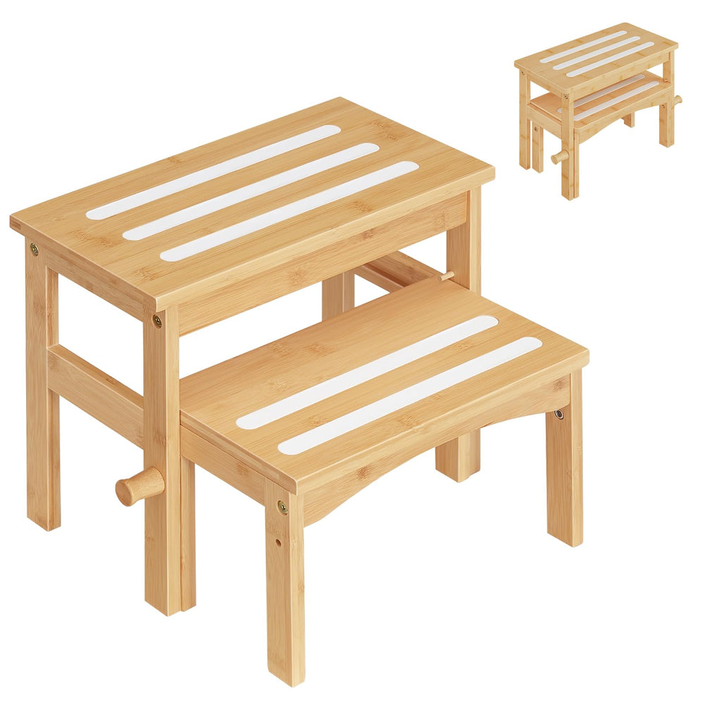 HOOBRO retractable bamboo step stool closed for compact bathroom storage.
