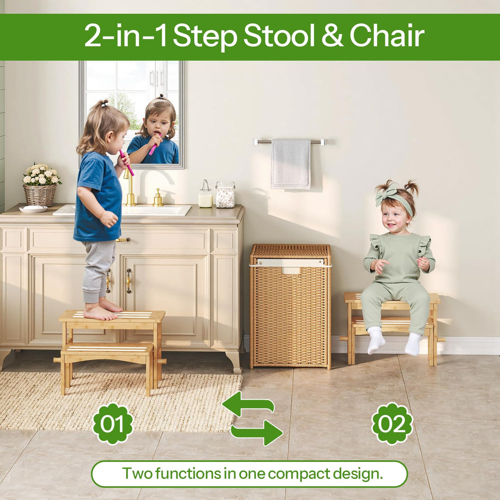 HOOBRO retractable bamboo step stool open for easier reach at sinks.