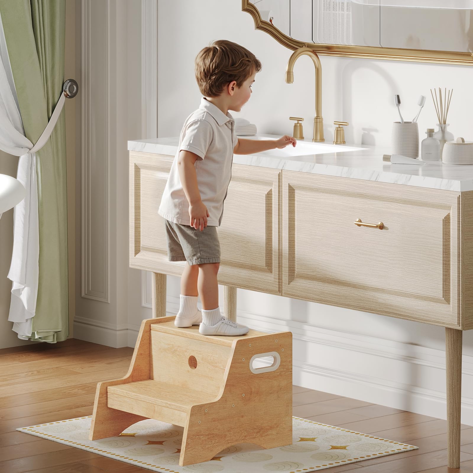 HOOBRO two-step stool front view showing easy-grip handles for safe climbing.