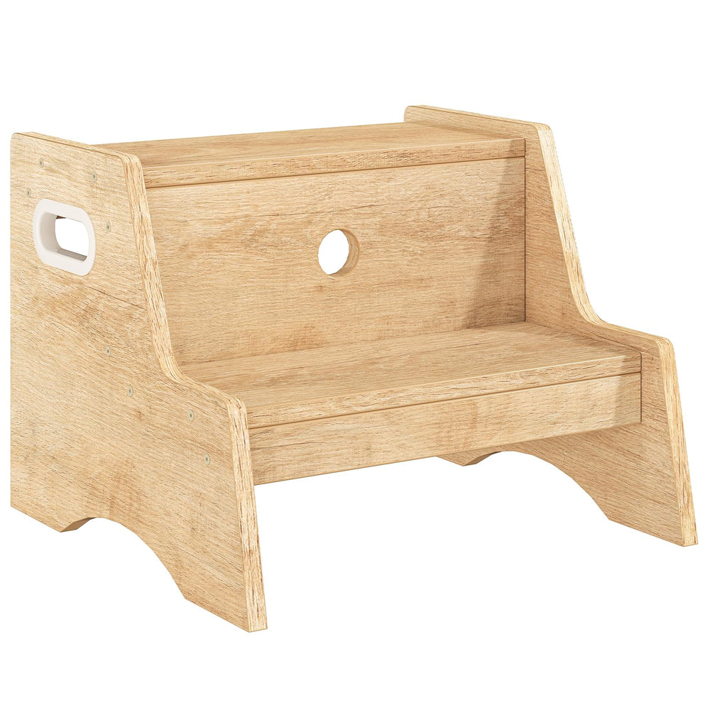 HOOBRO wooden childrens stool near a low shelf for kid-friendly reach.