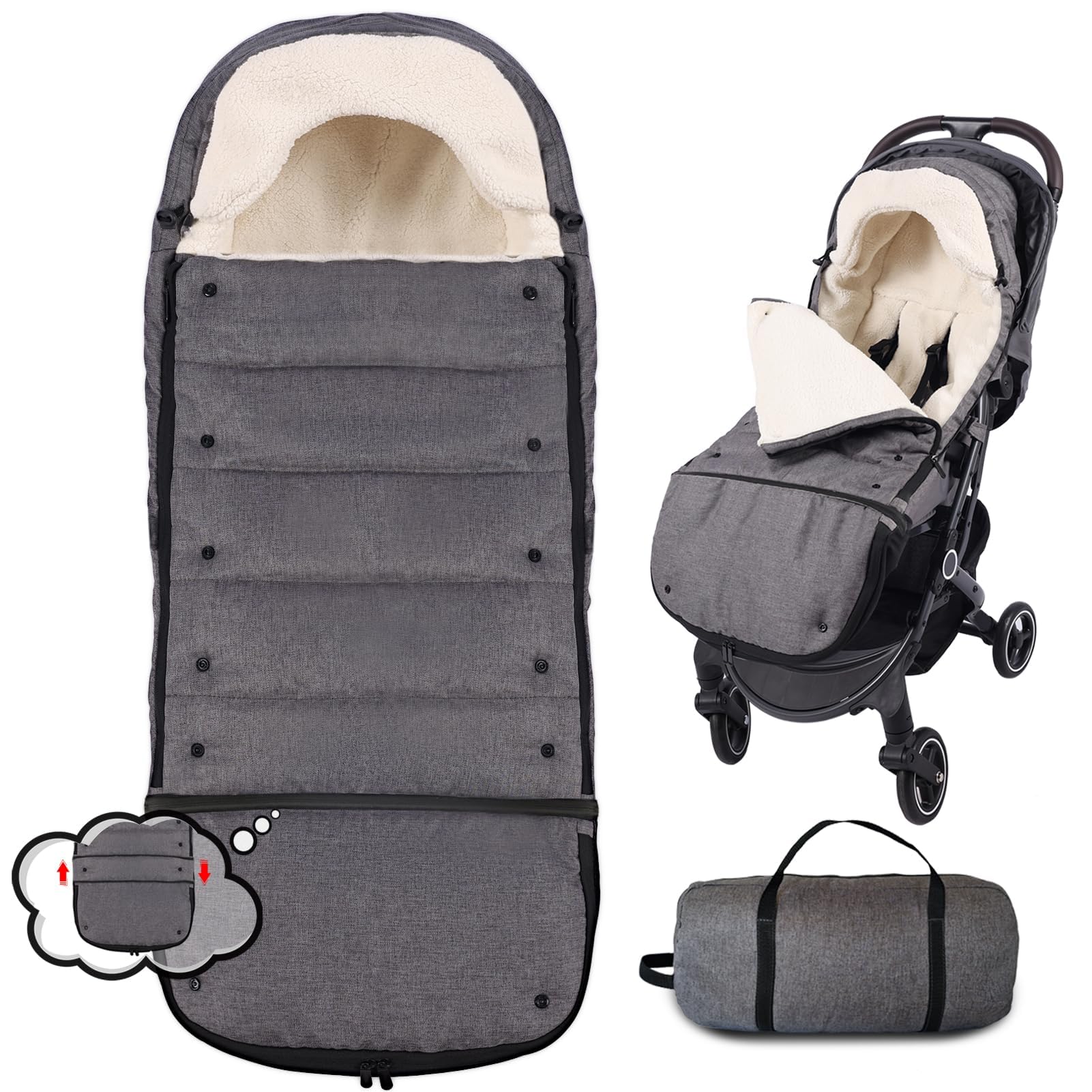 HOOGEE stroller footmuff expandable-length design for newborn to toddler use.