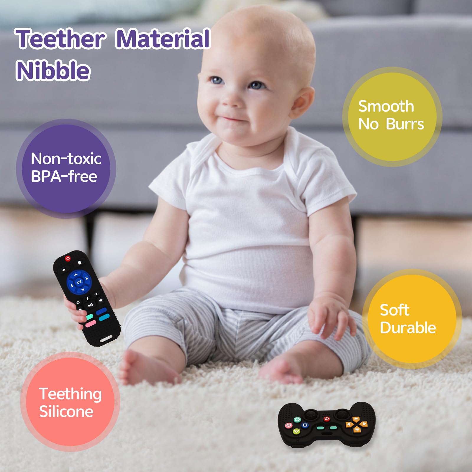 Hooku baby teether features bright colors to stimulate recognition and play.
