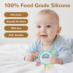 Hooku baby teether in soft silicone is BPA-free and safe for chewing.