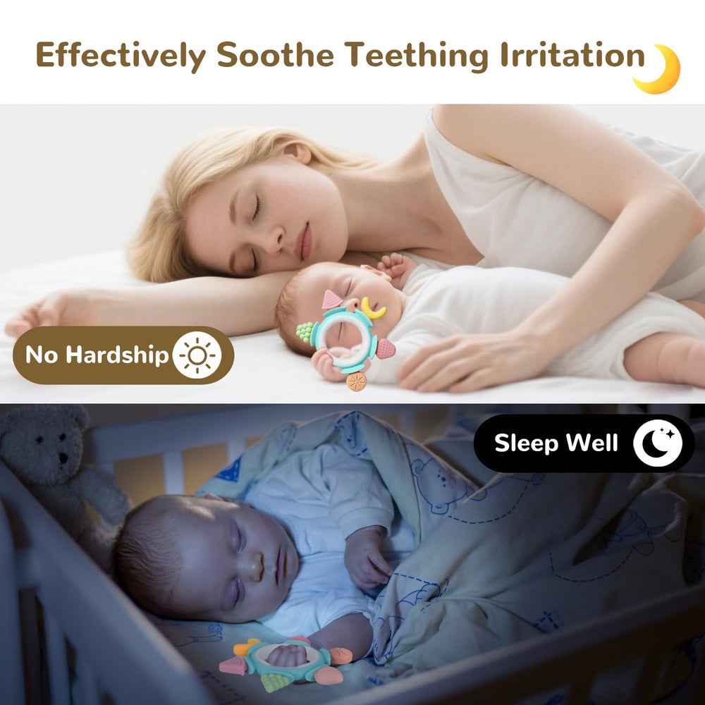 Hooku infant teether features an easy-grip design for tiny hands.