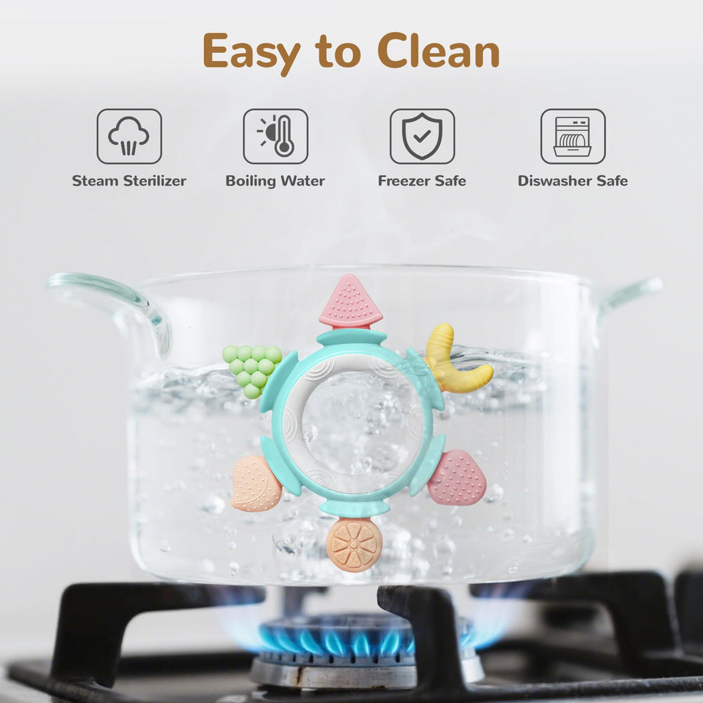 Hooku teether can be cooled for extra soothing relief on irritated gums.