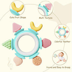 Hooku teether with textured bumps massages gums and aids grip.