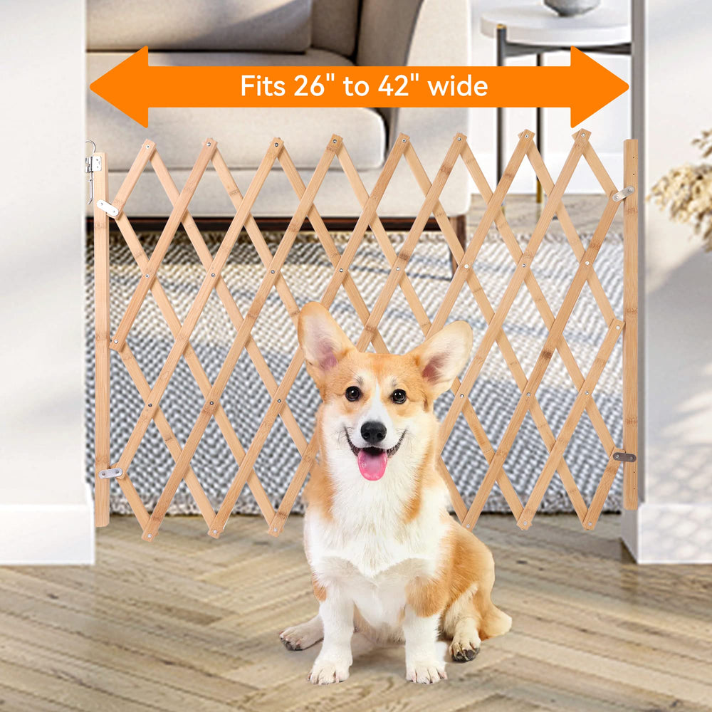Hoomall expandable dog gate in wooden screen blocks access while preserving visibility.
