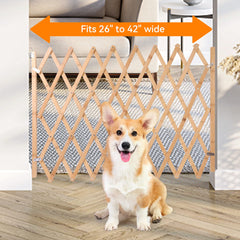 Hoomall expandable dog gate in wooden screen blocks access while preserving visibility.