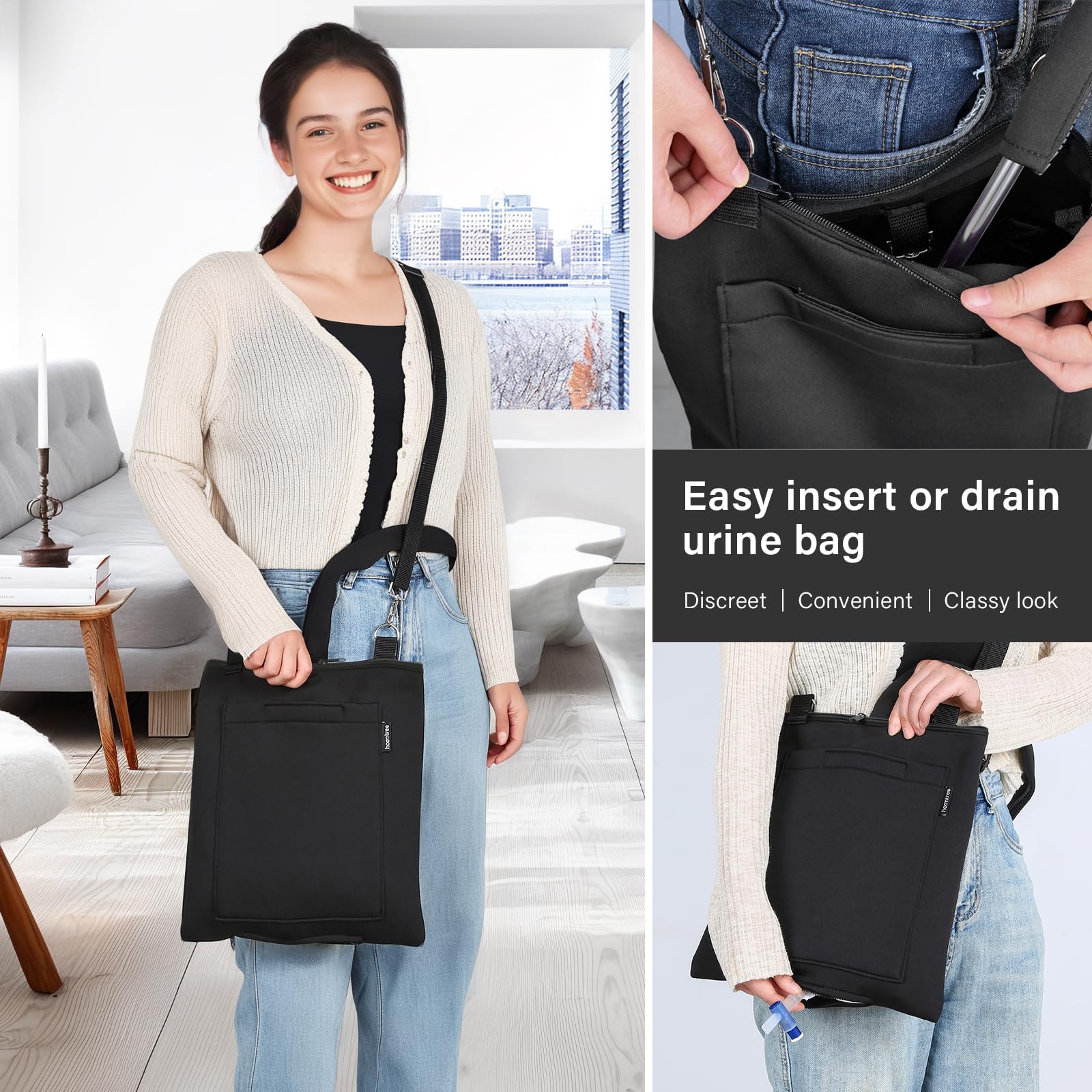 HOOMTREE catheter bag cover with zipper and pipe sleeve for easy access