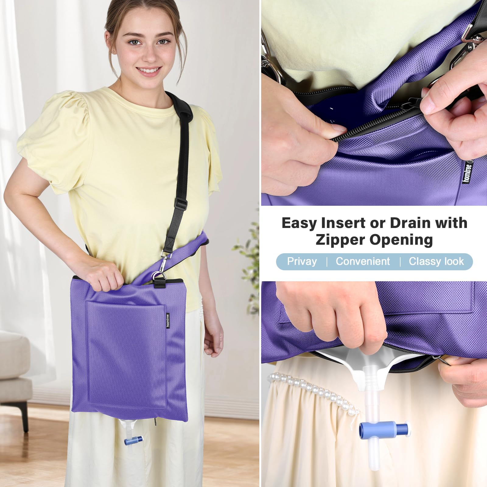 HOOMTREE Foley catheter cover with two-way zipper for secure, discreet bag handling.
