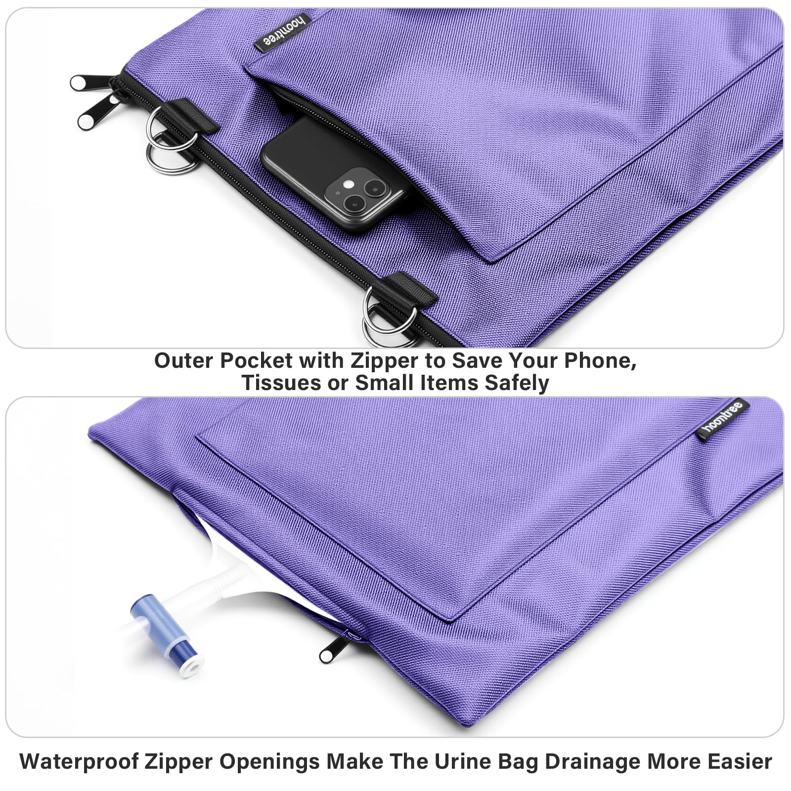 HOOMTREE internal metal hooks stabilize the drainage bag during movement.