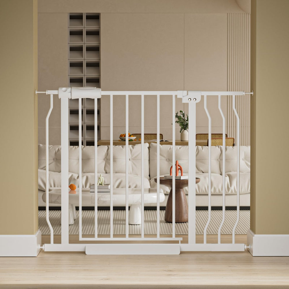 HOOOEN wide baby gate installed at stairs shows adjustable width for safe passage.