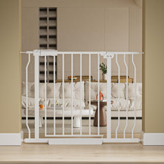 HOOOEN wide baby gate installed at stairs shows adjustable width for safe passage.