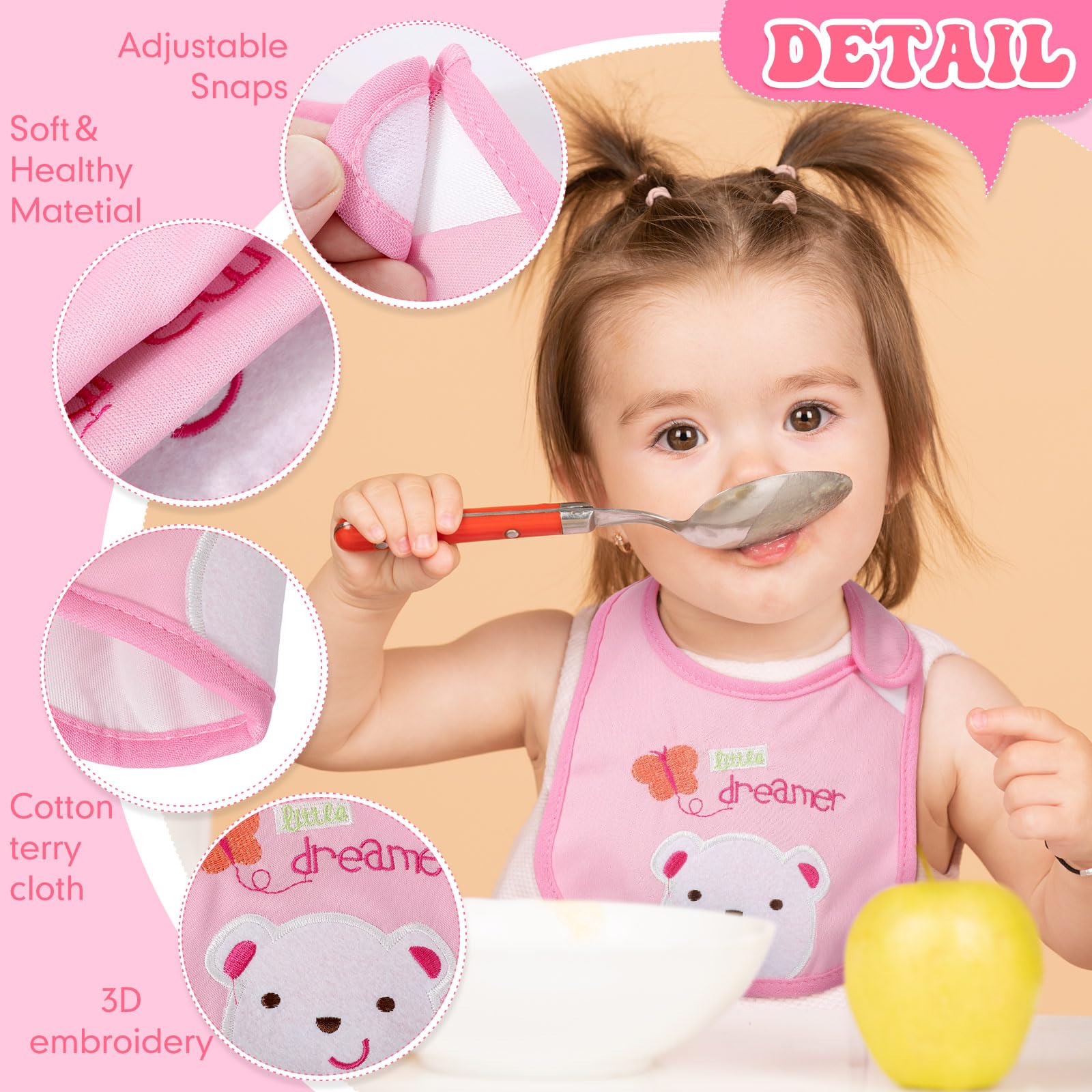 HooLing three-layer waterproof bib keeps drool and spills from reaching clothes.
