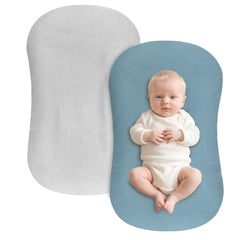 Hooyax baby lounger cover blue-grey—breathable muslin for soothing newborn comfort.