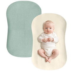 Hooyax baby lounger cover in green wheat shows breathable muslin for gentle newborn comfort