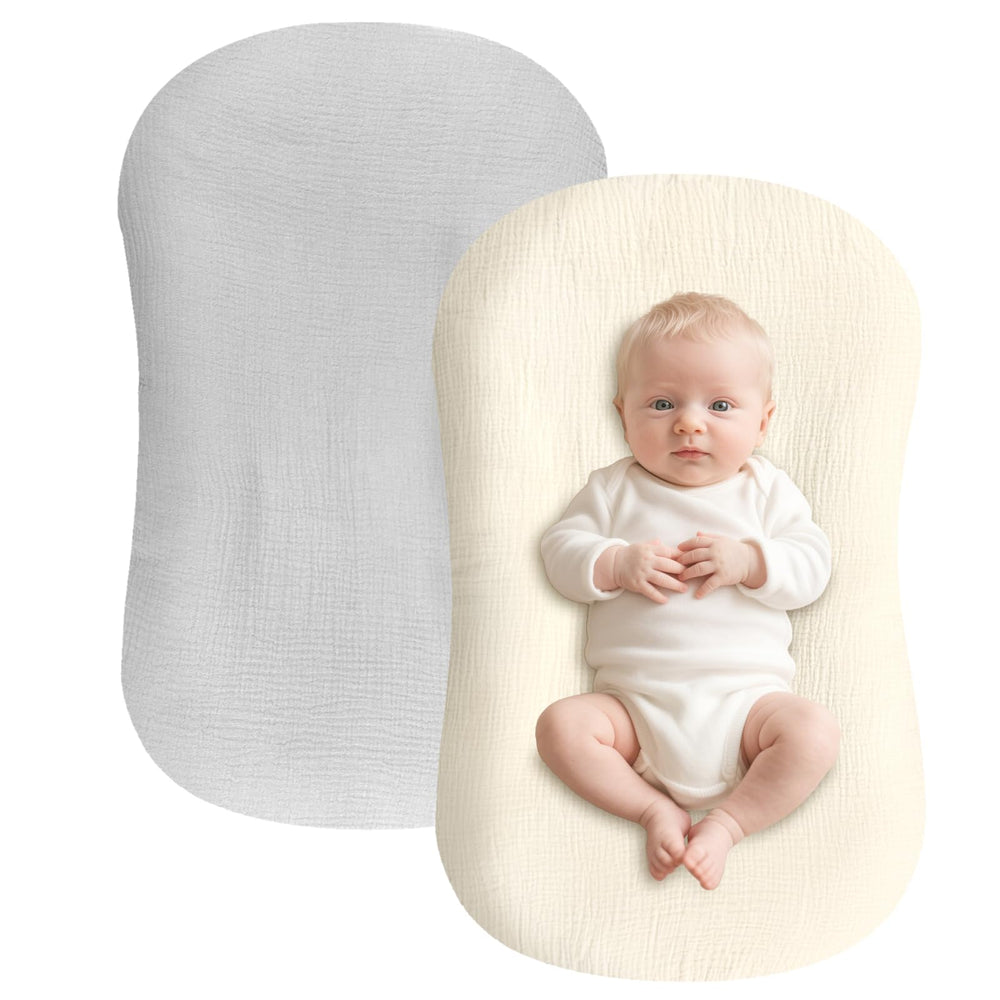 Hooyax baby lounger cover grey cream 2-pack offers breathable comfort for newborns.