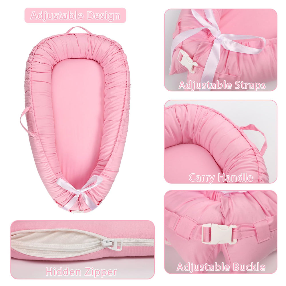 Hooyax pink lounger cover with handles highlights easy carrying for parents.