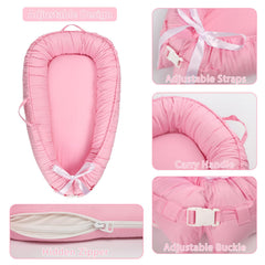 Hooyax pink lounger cover with handles highlights easy carrying for parents.