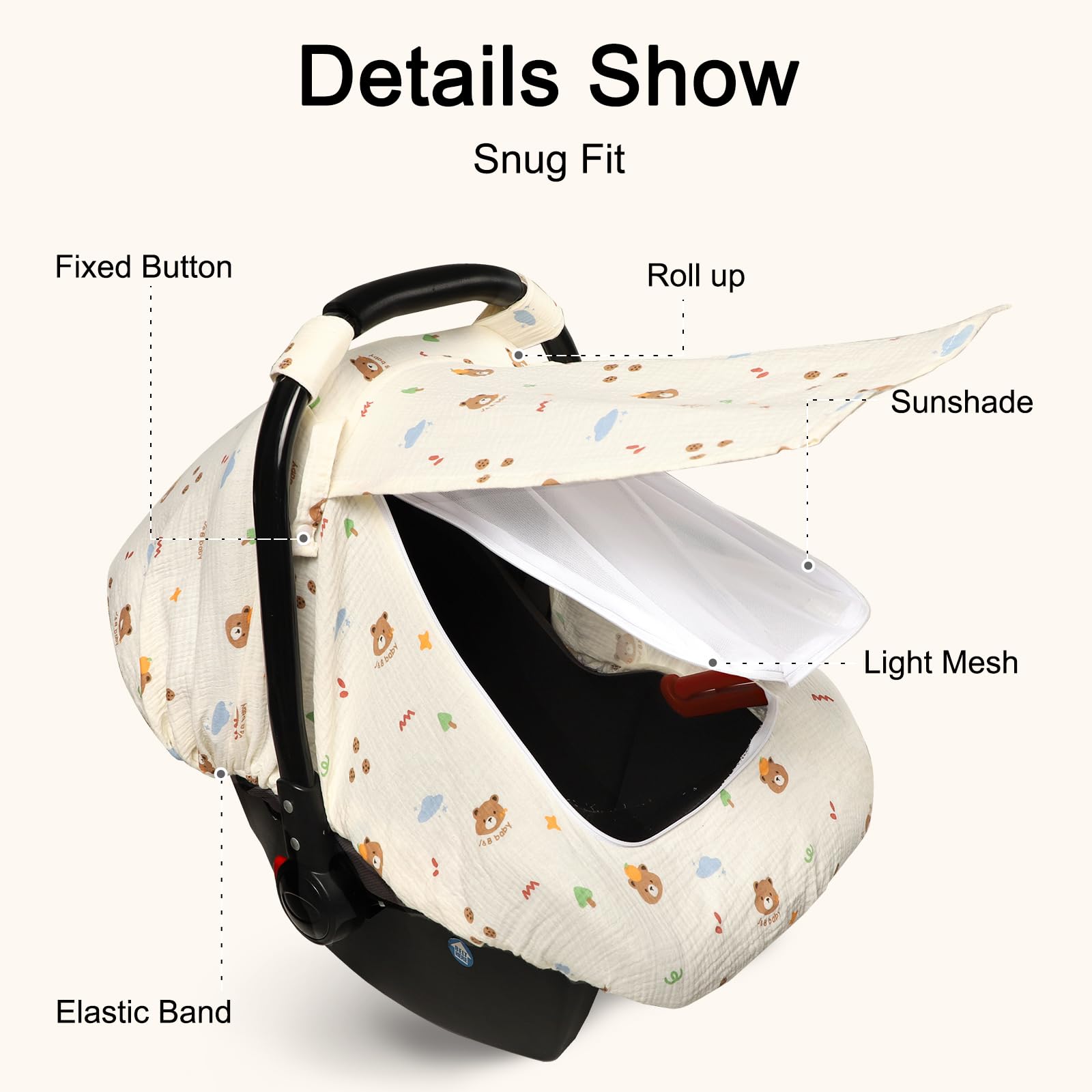 Hooyax bear muslin car seat cover provides 360-degree coverage and privacy.