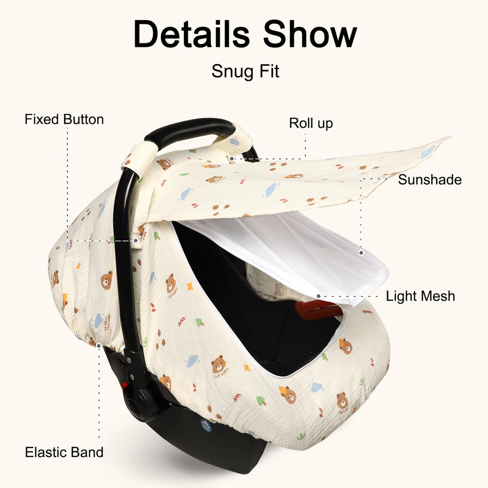 Hooyax bear muslin car seat cover provides 360-degree coverage and privacy.
