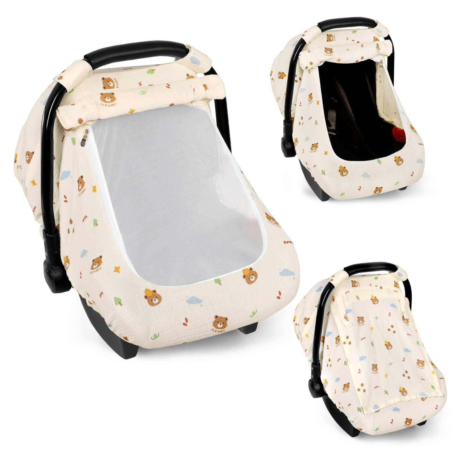 Hooyax bear muslin car seat cover with mesh window for airflow and visibility.