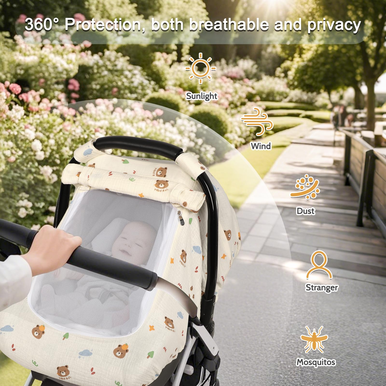 Hooyax bear muslin car seat cover open-air mode keeps baby cool.